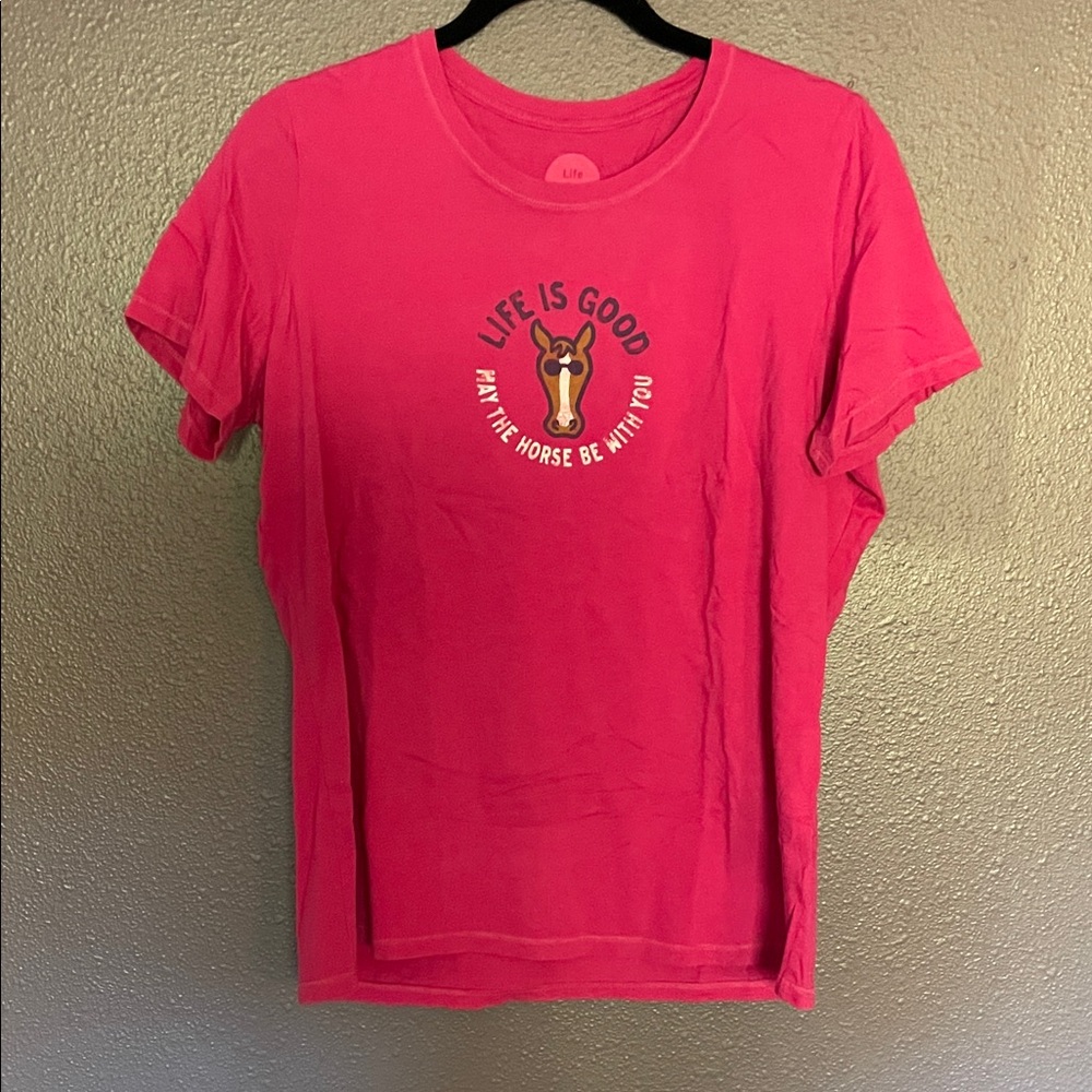 Life Is Good Vibrant Pink Tee with Horse Graphic. Greta condition